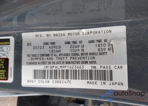 2023 Mazda Mazda3 2.5 S Carbon Edition из США, поврежденный, VIN JM1BPALM9P1623663